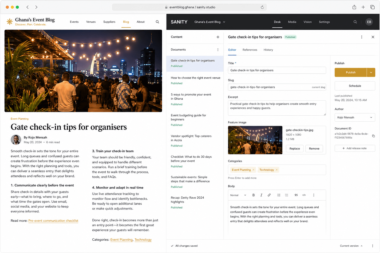 Ghanas Event Blog article and Sanity Studio mockup