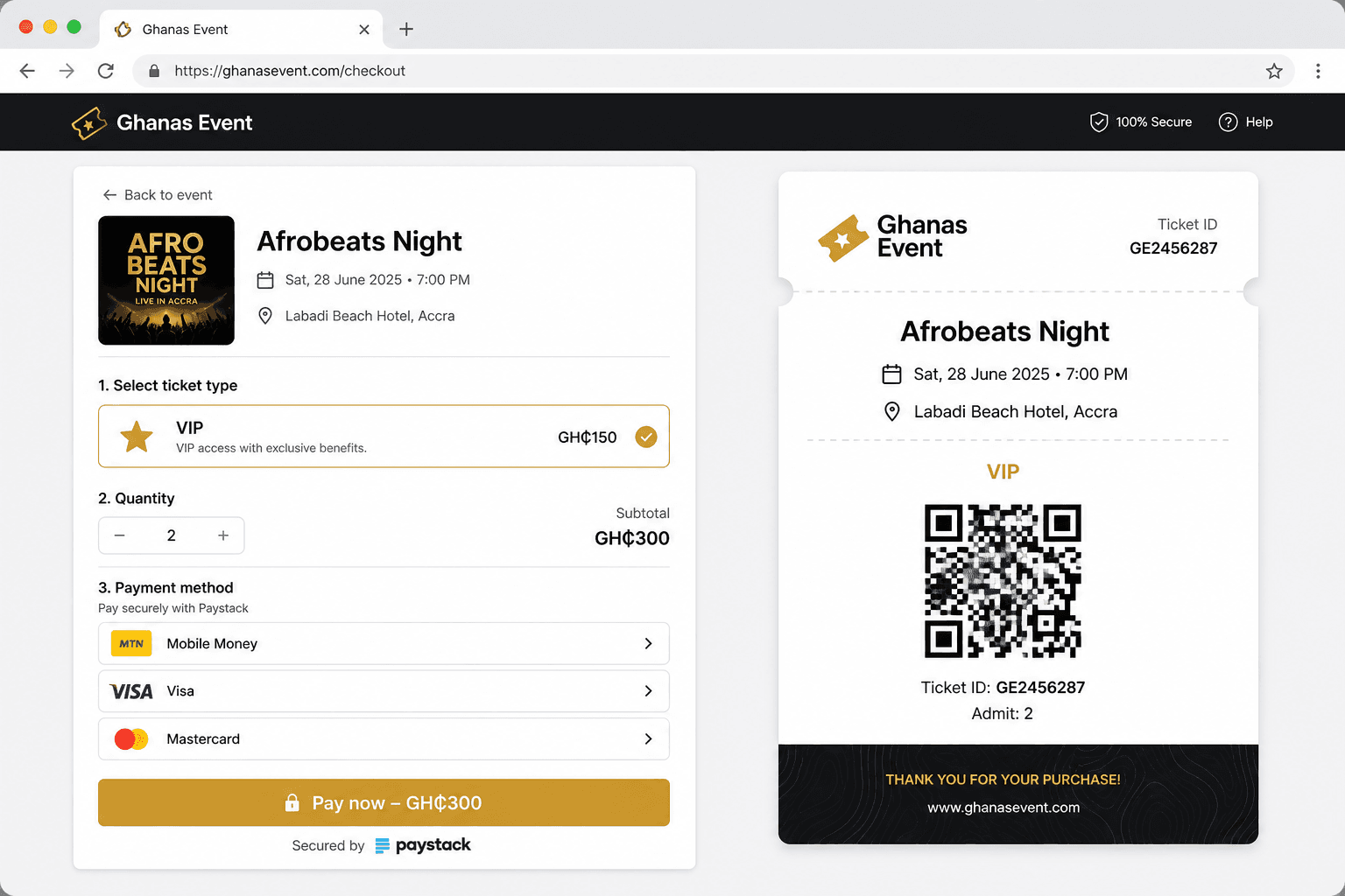 Ghanas Event checkout and QR ticket mockup