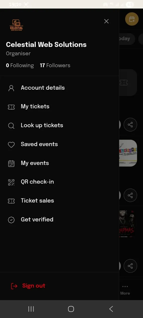 Account menu with tickets, saved events, and organiser tools