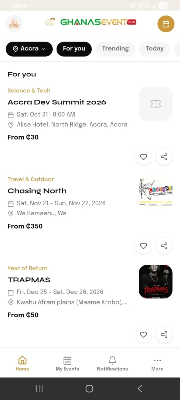 Home feed in light mode with events in Accra