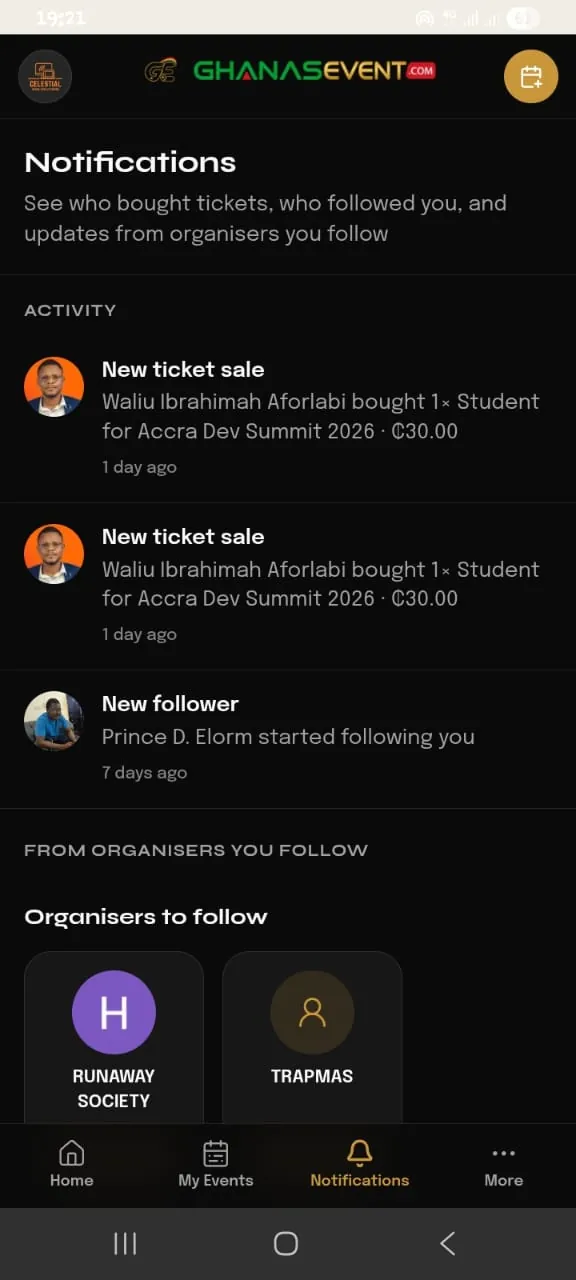 Notifications of ticket sales and new followers