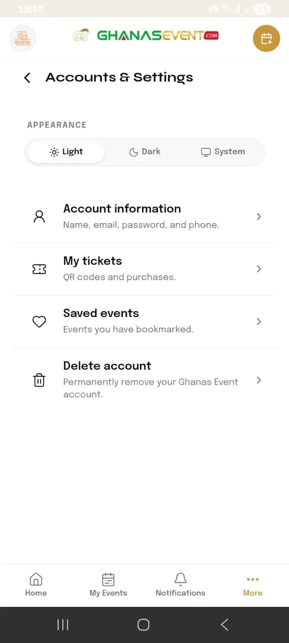Accounts and settings with light, dark, and system theme