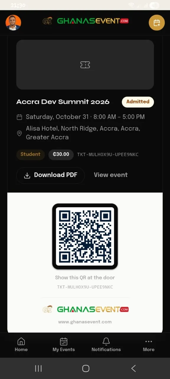 Digital ticket with QR code for Accra Dev Summit