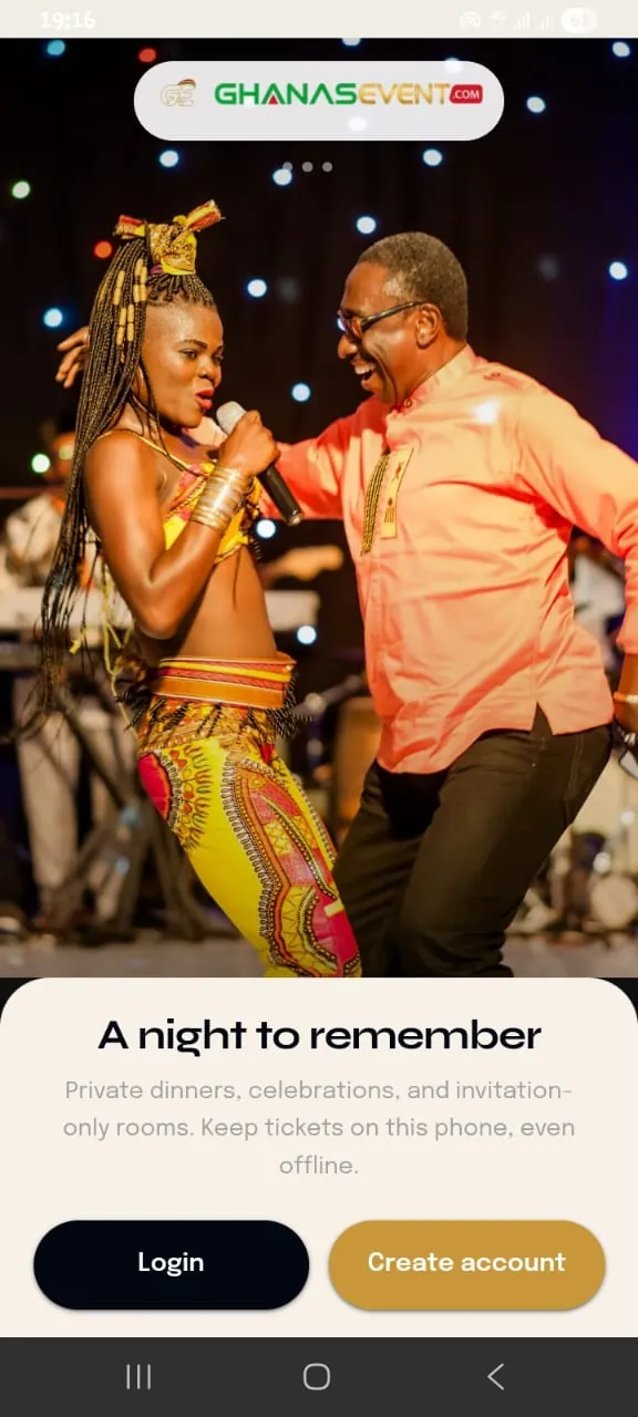Ghanas Event welcome screen with a live performance