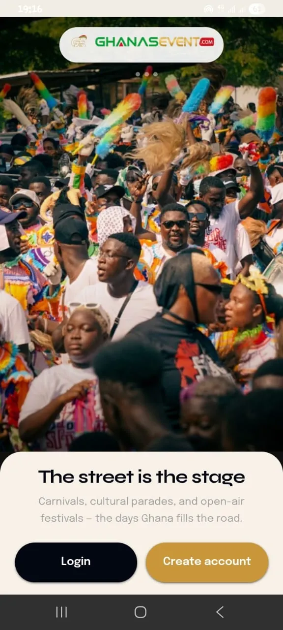 Ghanas Event welcome screen with a Ghana carnival photo